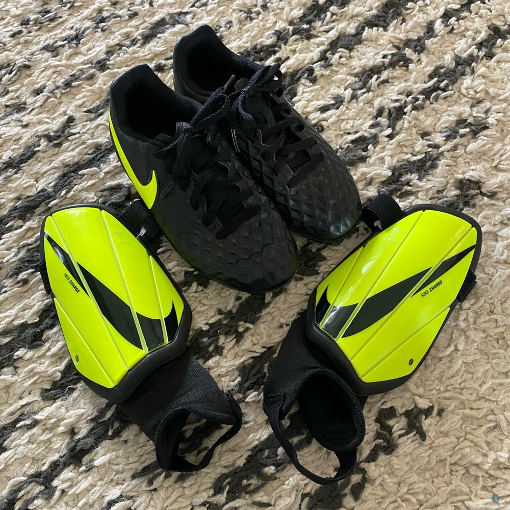 Nike Tiempo youth soccer cleats with Nike Charge shin guards
